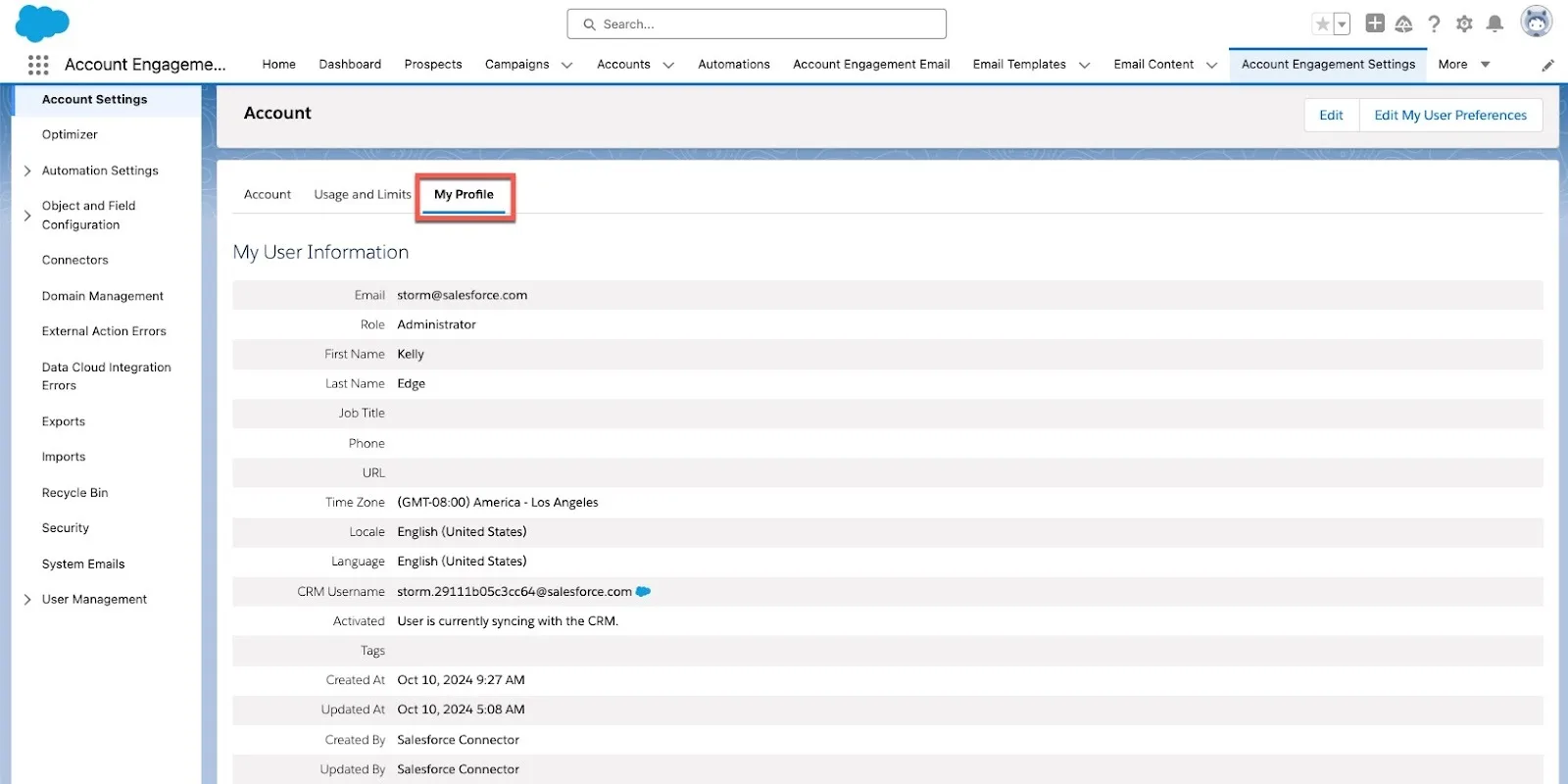 The Pardot Settings page with the My Profile tab highlighted