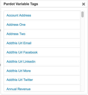 List of available variable tags in Pardot.