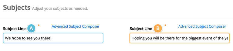 Subject Line A is always blue and Subject Line B is always orange.