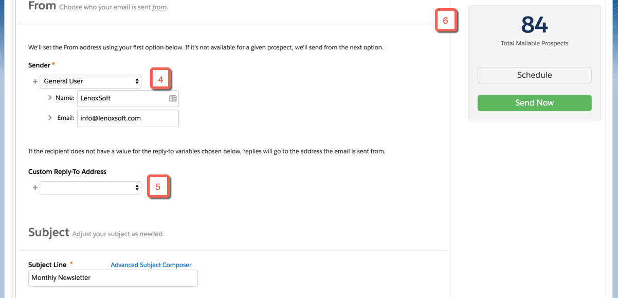 Set the Sender and Reply To information and review the total mailable prospects for your email.