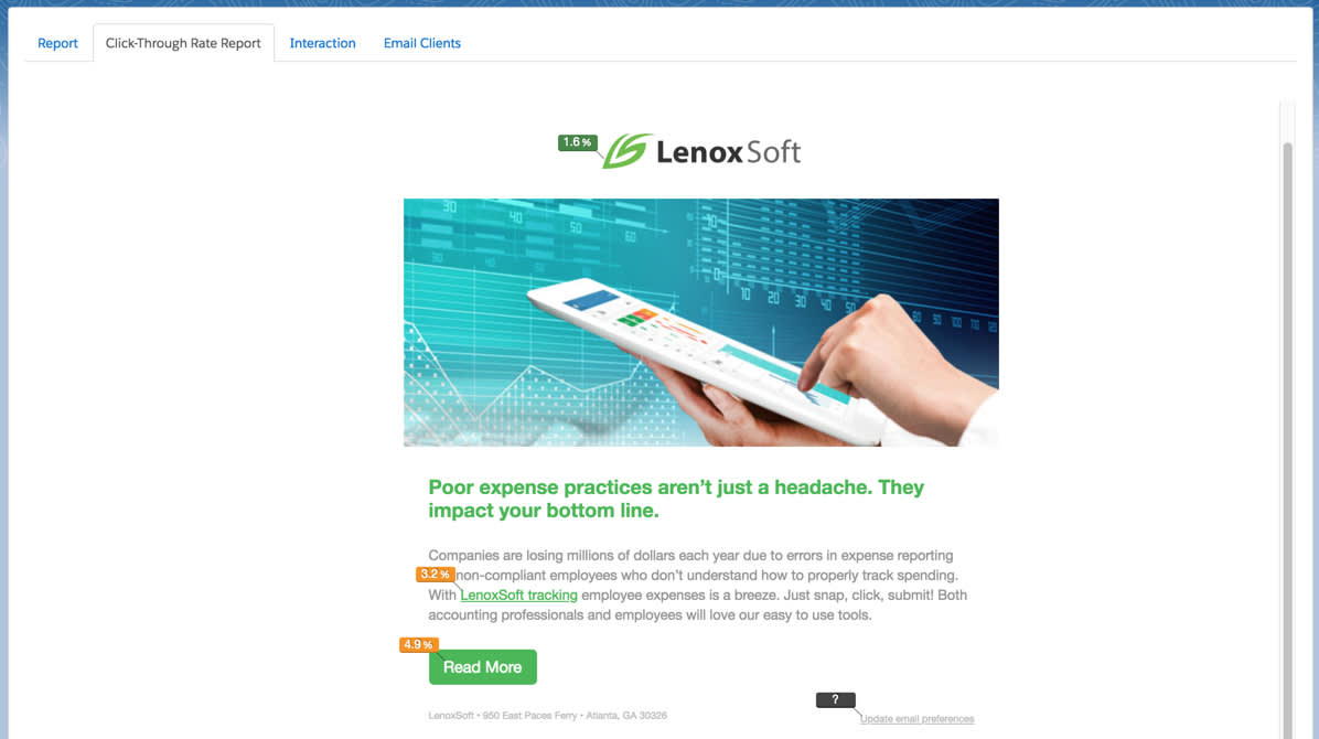 The click-through rate report overlays call out colors on top of your links to denote their engagement data.