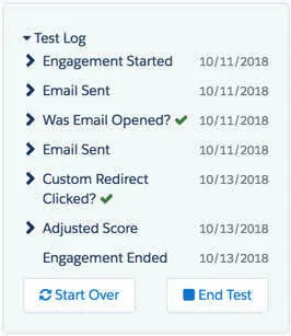The test log shows the steps taken as the test prospect moves through the engagement program.