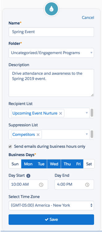 Enter basic information for the program, including Name (required), Folder (required), Recipient Lists, Suppression Lists, Business Days, Hours, and Time Zone.