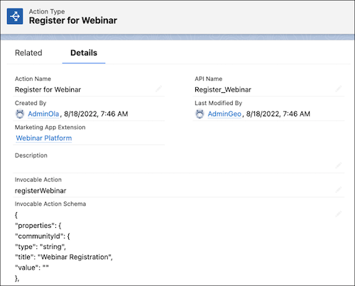 The action type record for Register for Webinar shows metadata and fields that contain the Invocable Action Schema.