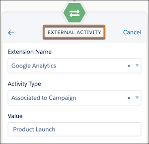 An Engagement Studio trigger card highlighting the header label External Activity.