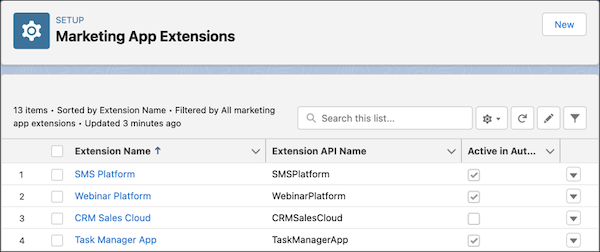 Die Setup-Seite 'Marketing App Extensions' zeigt eine Liste mit Erweiterungen, unter anderem 'SMS Platform', 'Webinar Platform', 'CRM Sales Cloud' und 'Task Manager App'.