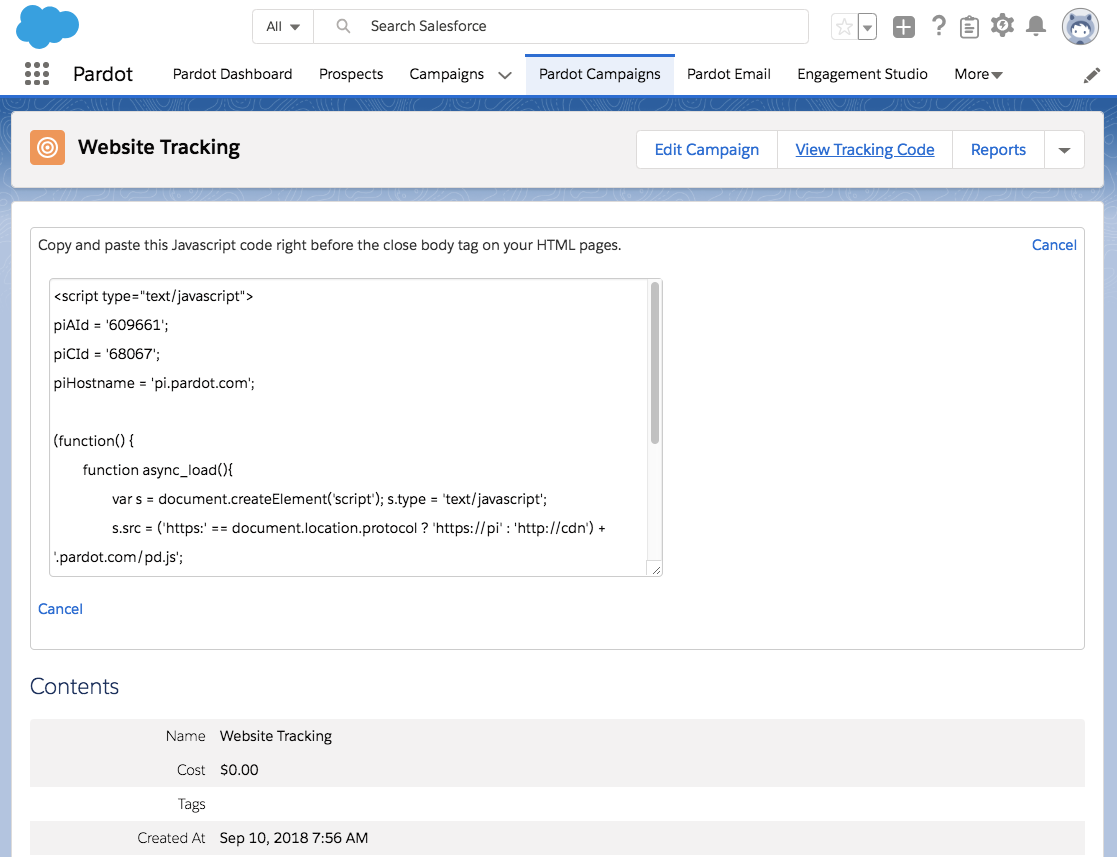 Pardot Campaigns Website Tracking code