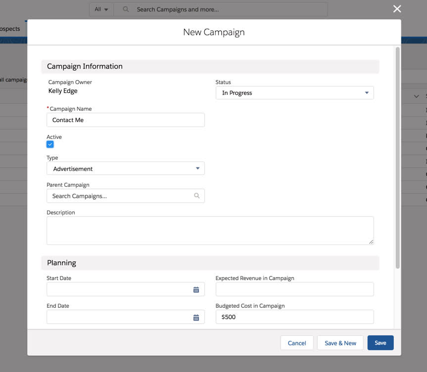the new campaign screen lets you enter campaign information in order to create a new campaign in Pardot Lightning App