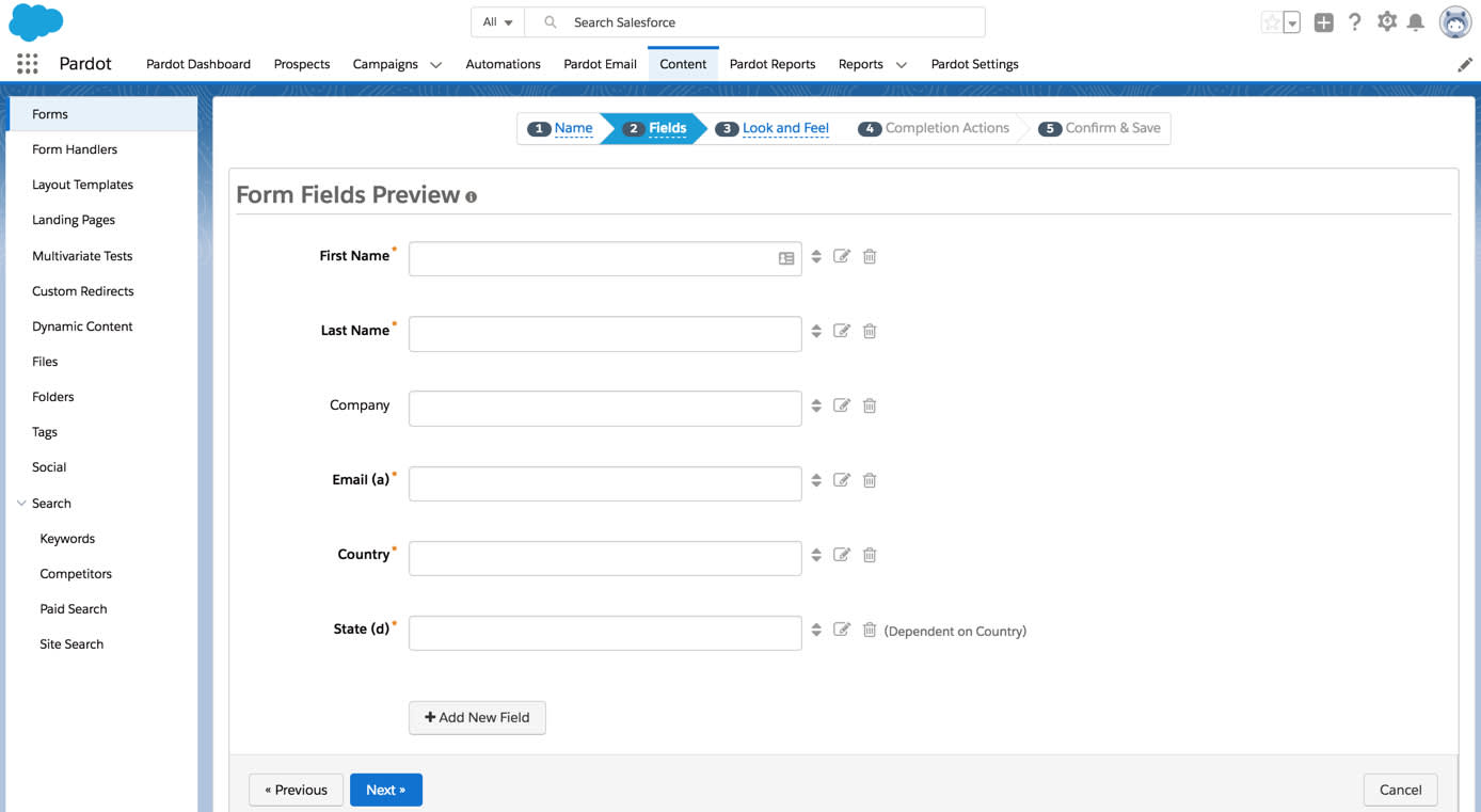 Step 2 of the Pardot form wizard with the First Name, Last Name, Company, Email and Country and State fields added. The State field is dependent on the field value in the Country field