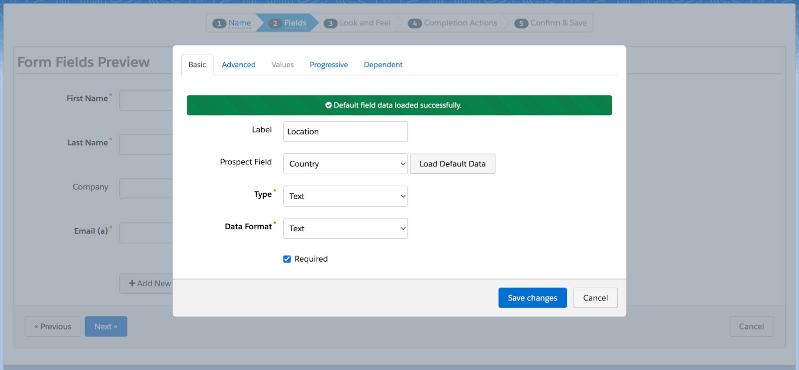 Sample progressive profiling option in the form builder tab 2: Fields.