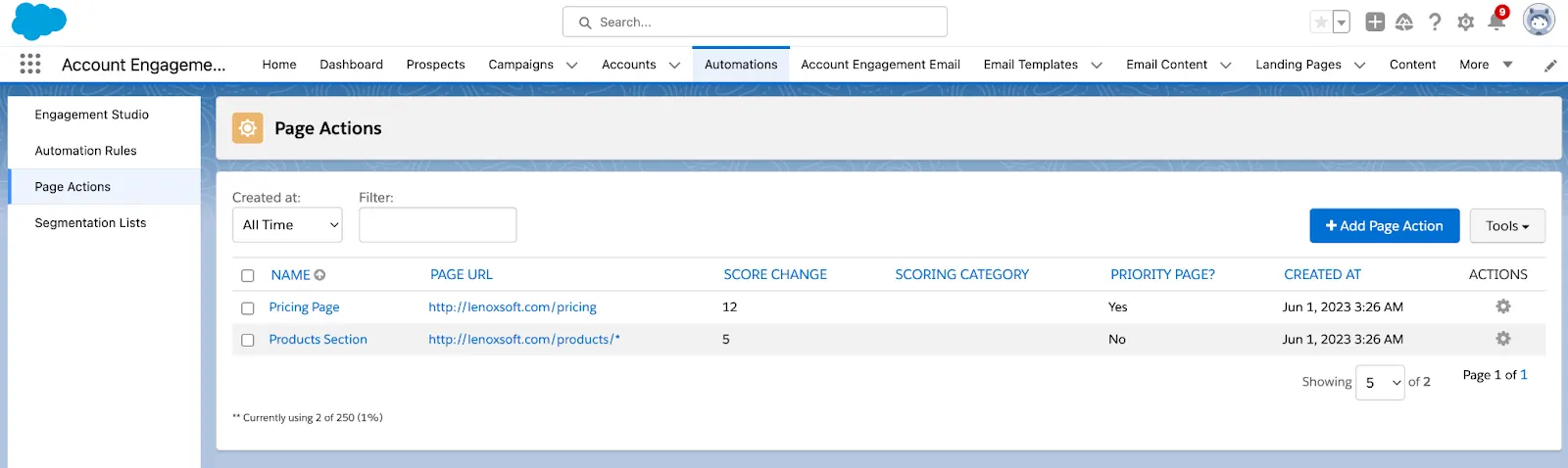 Page Actions dashboard with listed page actions already created and the Add Page Action button