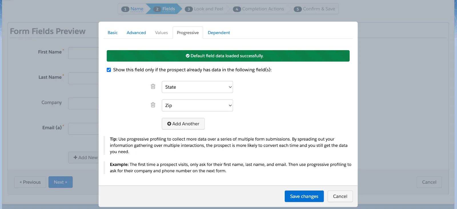 Sample progressive profiling on a form with the progressive fields viewable.