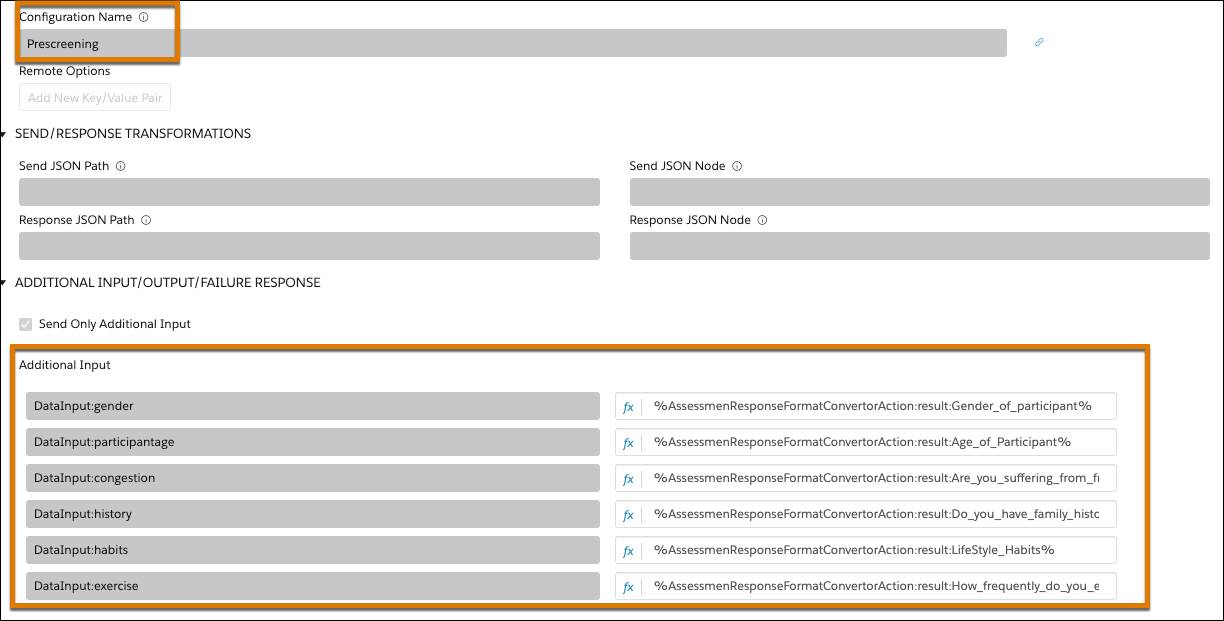 Integration Procedure の [Expression Set Action (式セットアクション)] ステップで強調表示されている [Configuration Name (設定名)] と [Additional Input (追加入力)] 項目。
