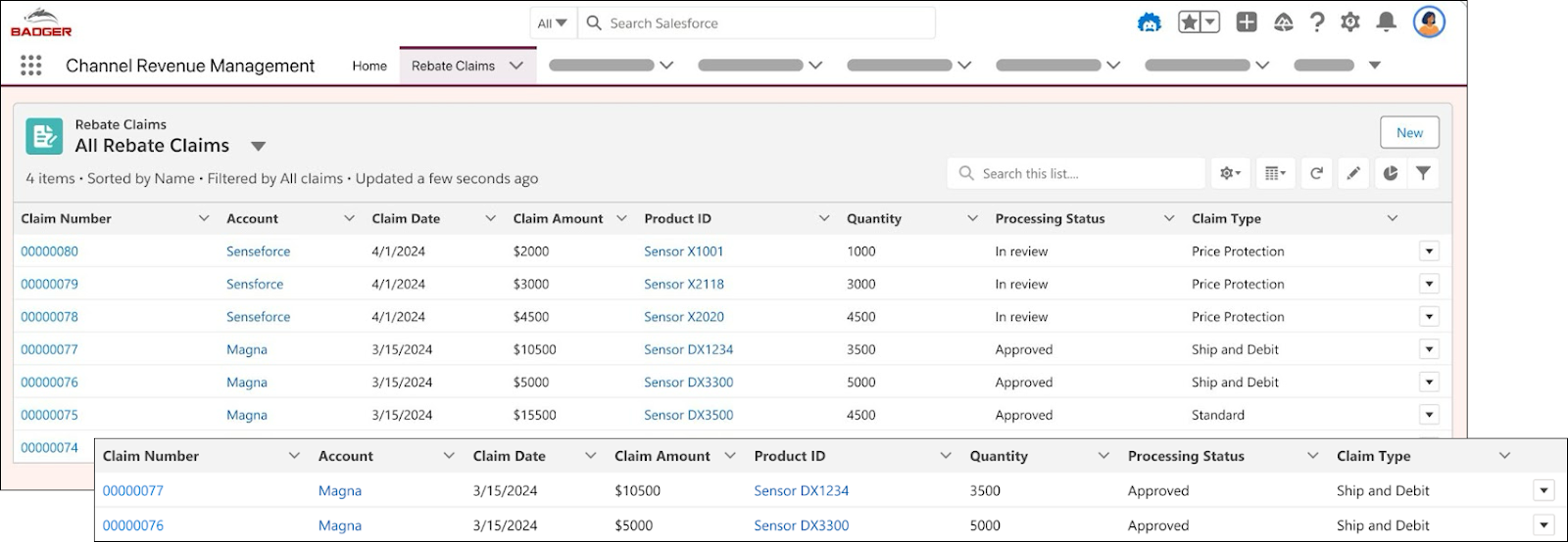 The All Rebate Claims page showcasing all the claims made and their statuses.
