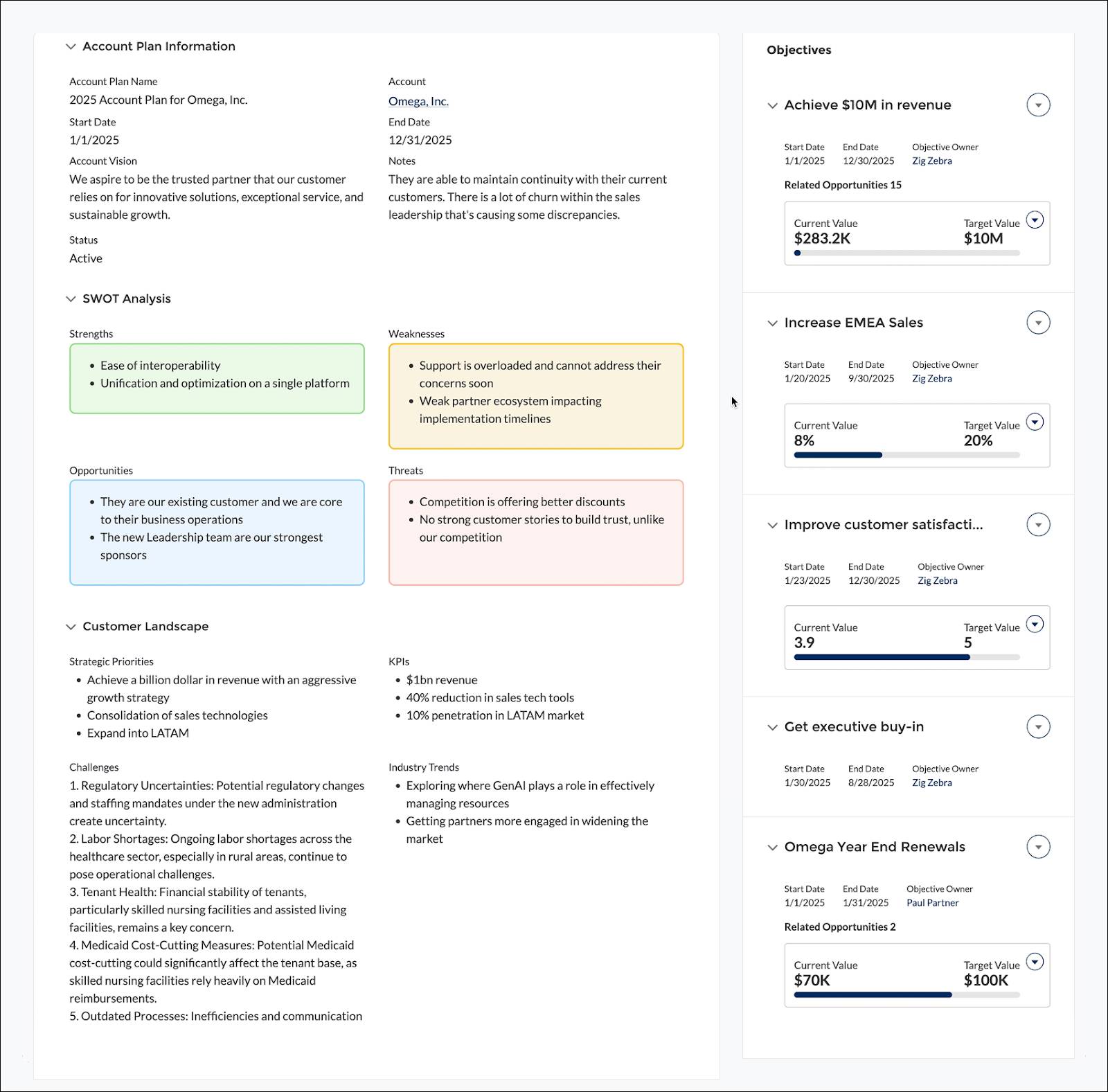 The account plan page highlighting key account information and research along with objectives and action plans.