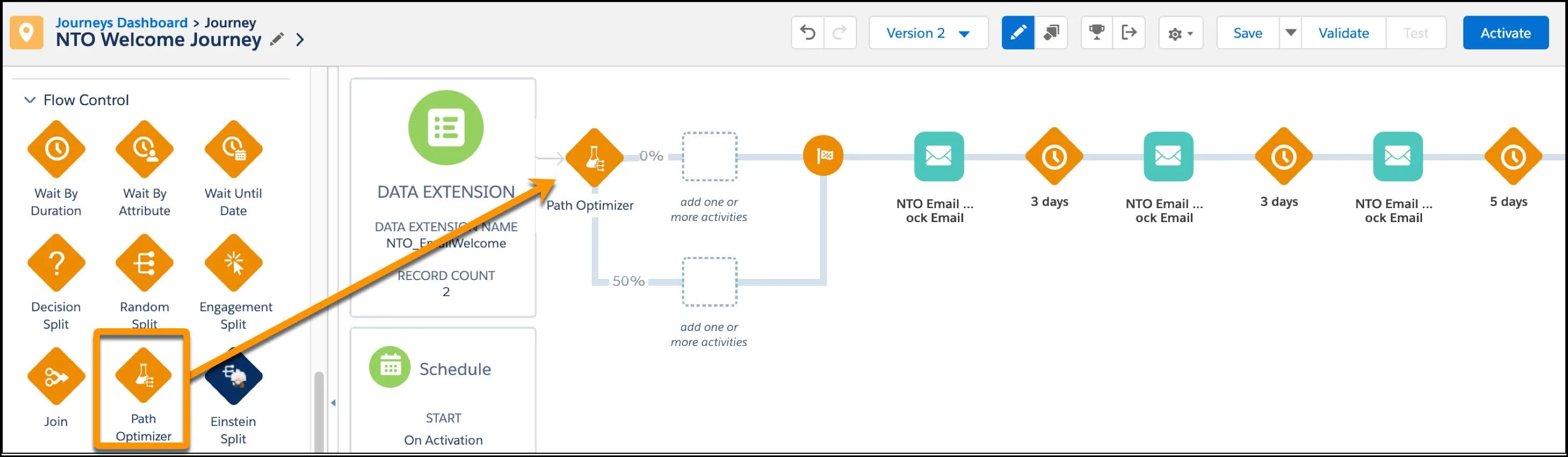  Path Optimizer activity added to an existing journey.