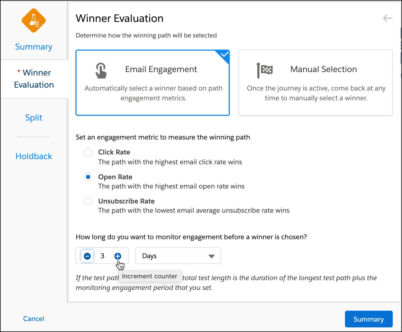 Winner Evaluation screen with email engagement selected using open rate and a test duration of 3 days.