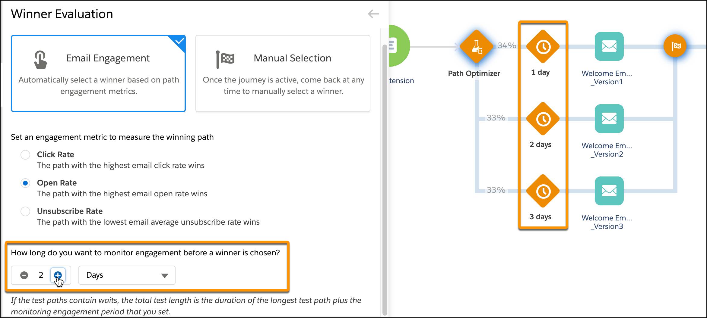  Winner evaluation screen with durations highlighted in both evaluation and in wait times in journey paths.