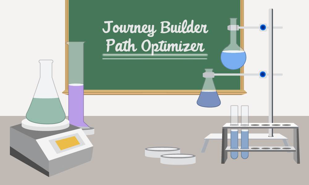 "Optimizador de rutas de Journey Builder" escrito en una pizarra con imágenes de vasos de precipitado y tubos de ensayo.