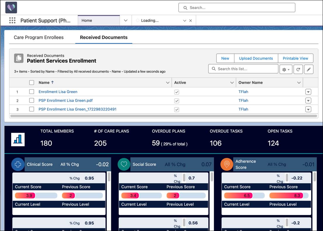 Patient Support app with a list of received documents displayed above an analytics dashboard.