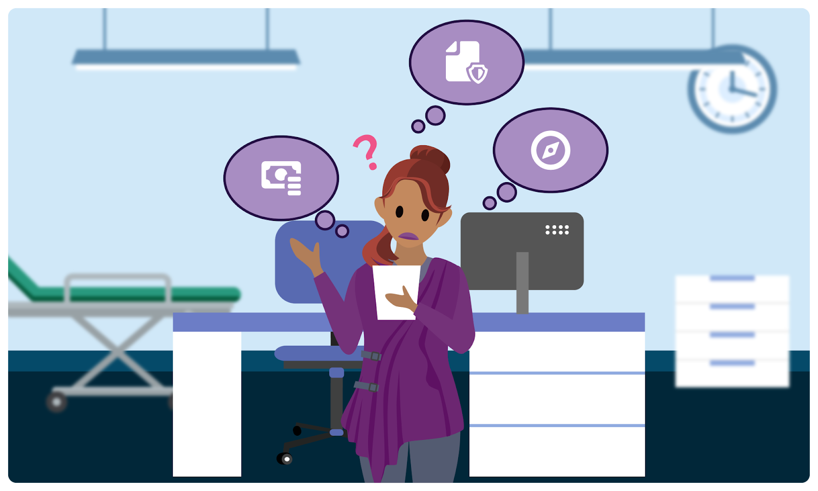 Patient reviewing a complex web of information, visibly overwhelmed, highlighting the need for simplified, effective support.