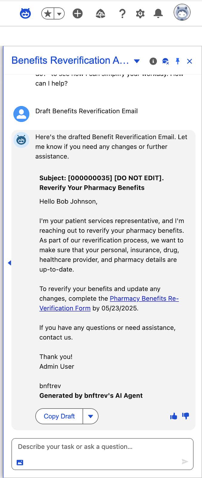 Benefits Reverification email draft.