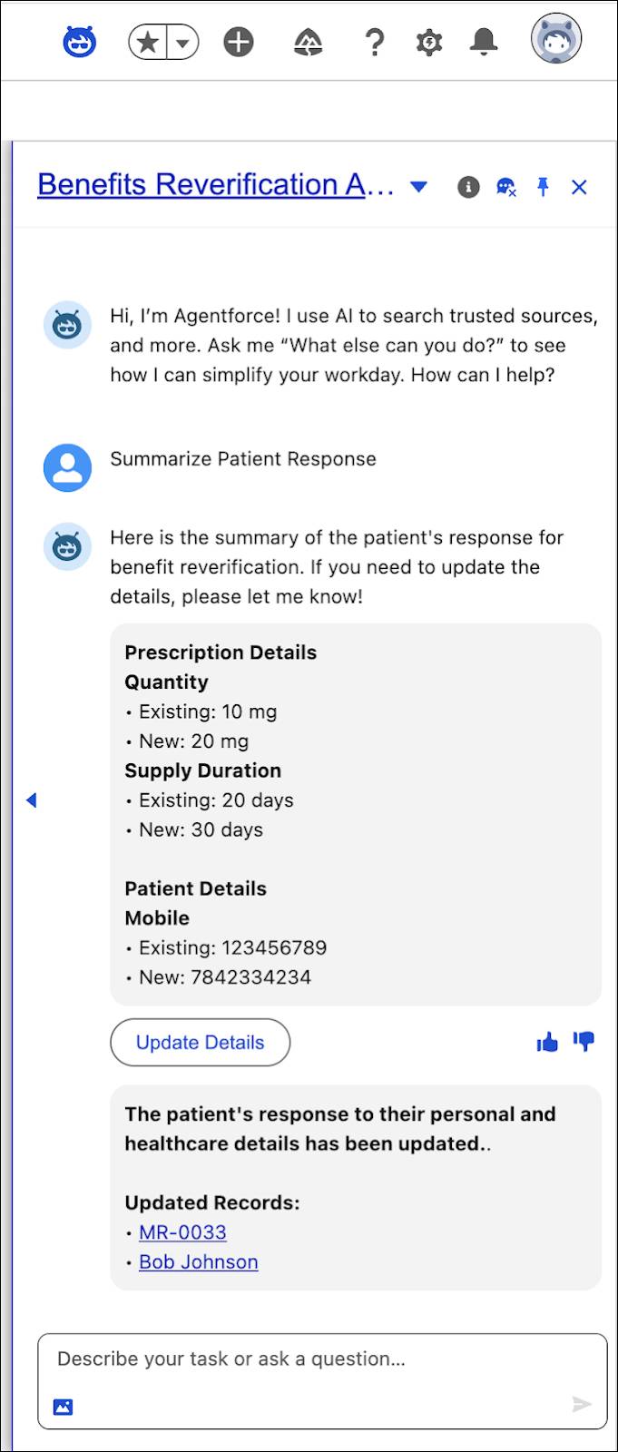 Agentforce summary of patient response with update recommendations.