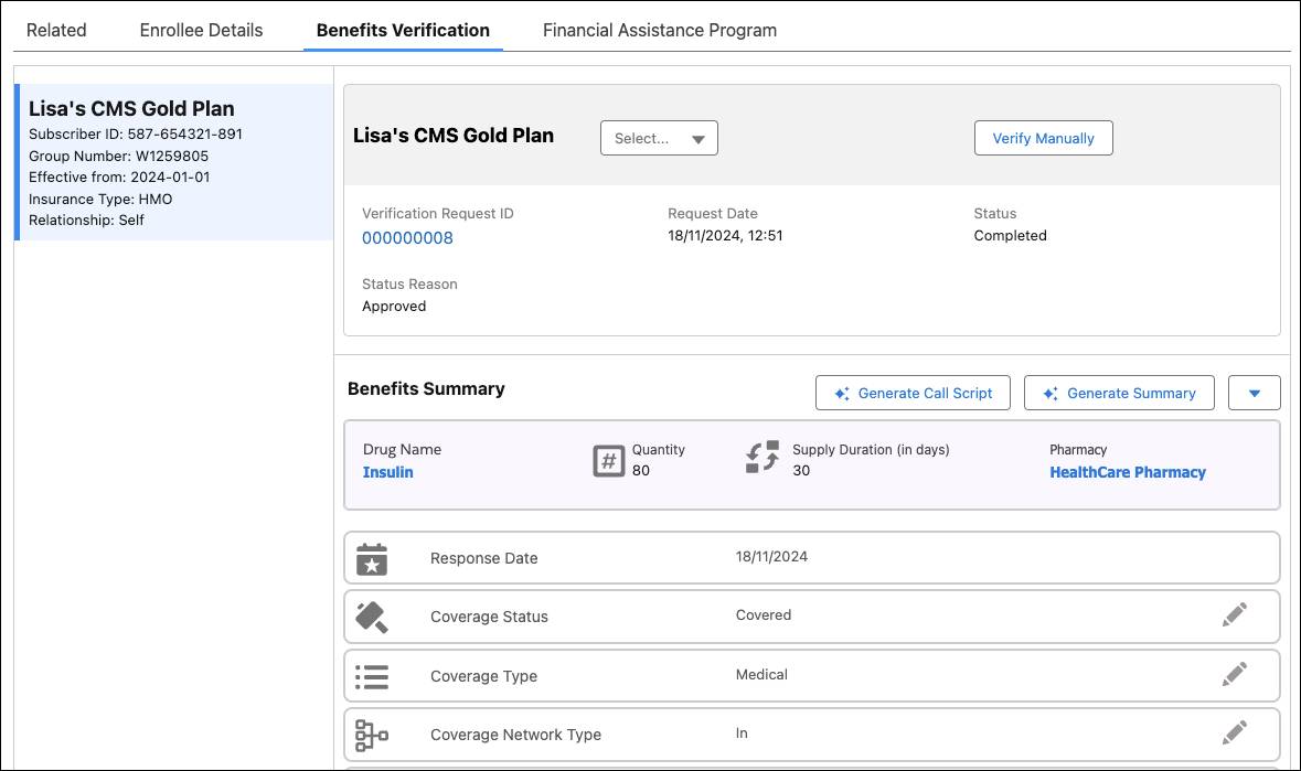 Lisa’s Gold plan is shown with Benefits Summary related to the drug request.