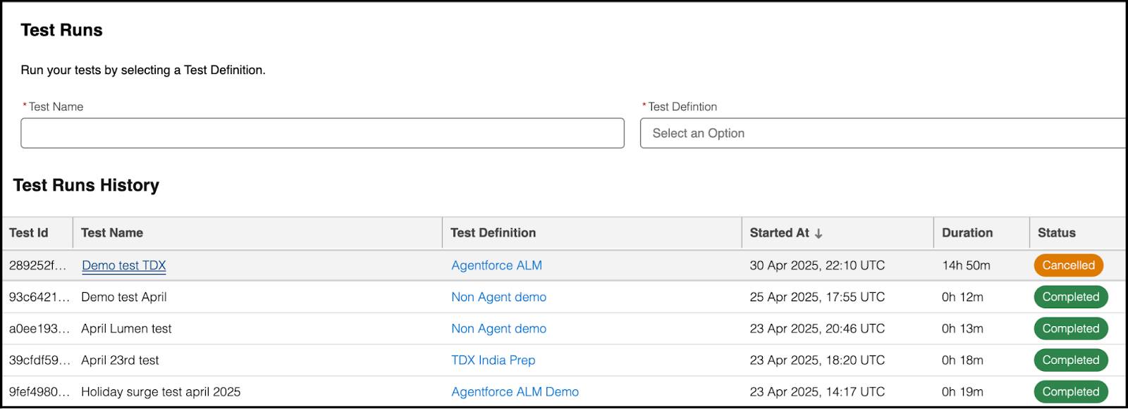 The Test Runs window in Scale Test that shows you completed tests.