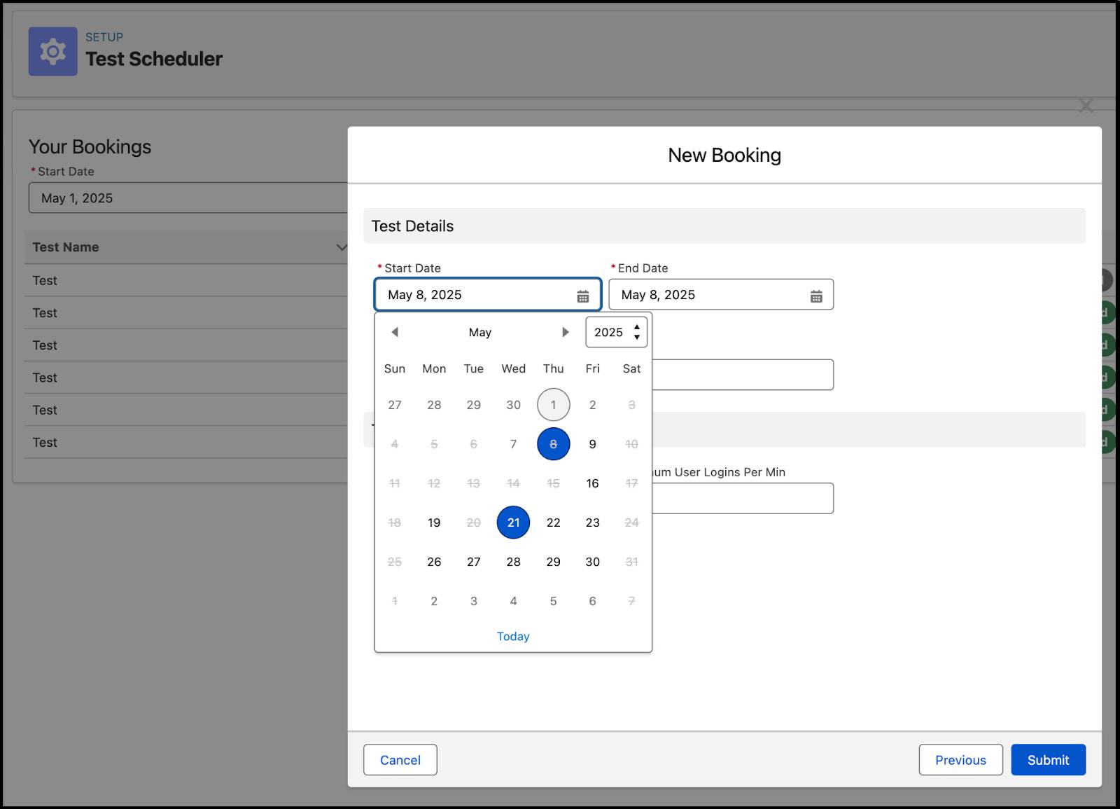 The New Booking window on the Test Scheduler page of Scale Test.