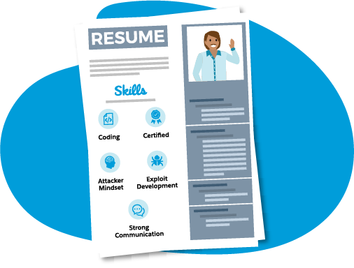 A resume listing out penetration tester skills including coding, certifications, attacker mindset, exploit development, and strong communications skills.