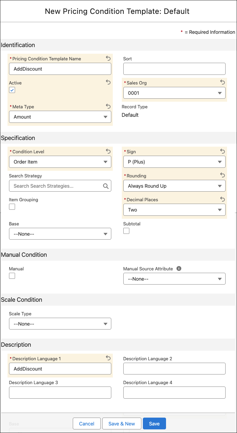 The New Pricing Condition Template: Default window showing the options to create a pricing condition template.