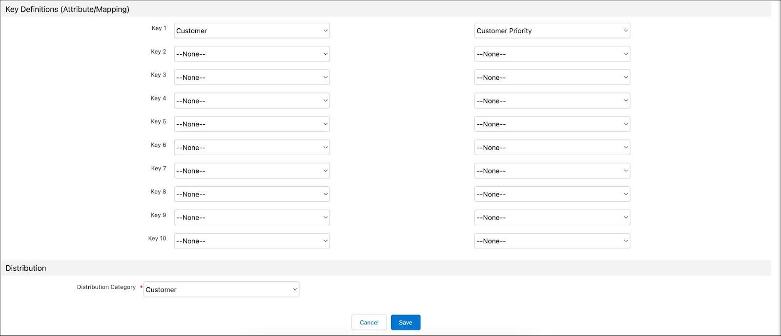 The New Key Type page showing the options to select the key definitions and distribution category.