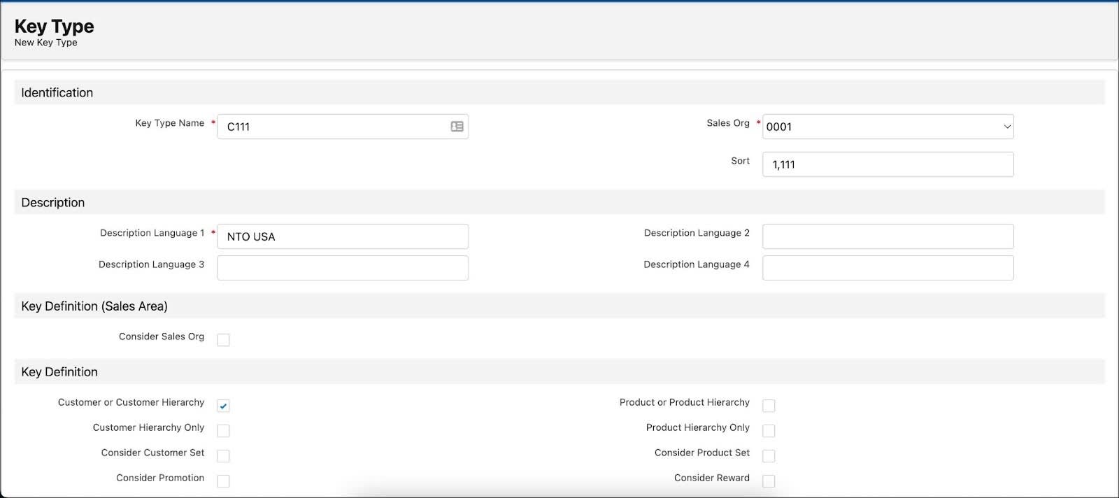 The New Key Type page showing the options to create a key type.