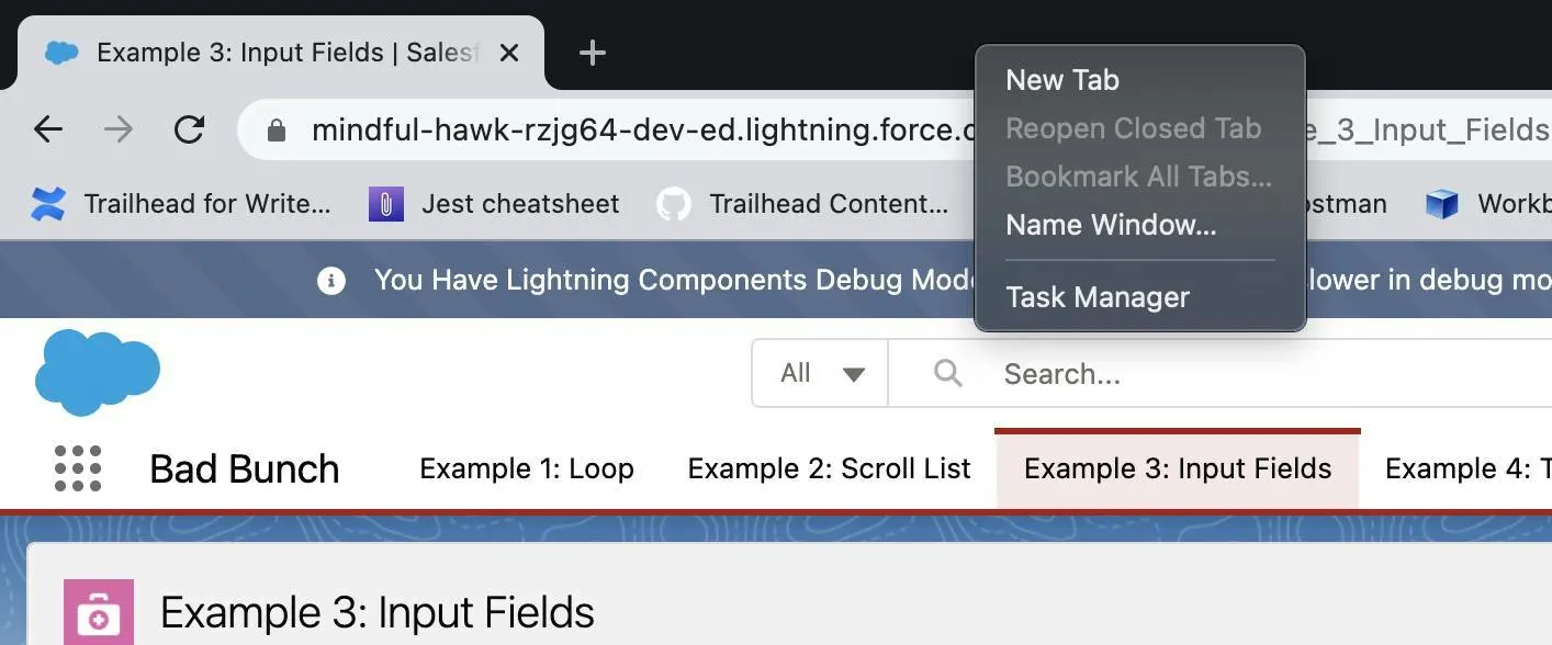 Right click menu showing options for New Tab, Reopen Closed Tab, Bookmark All Tabs, Name Window, and Task Manager.