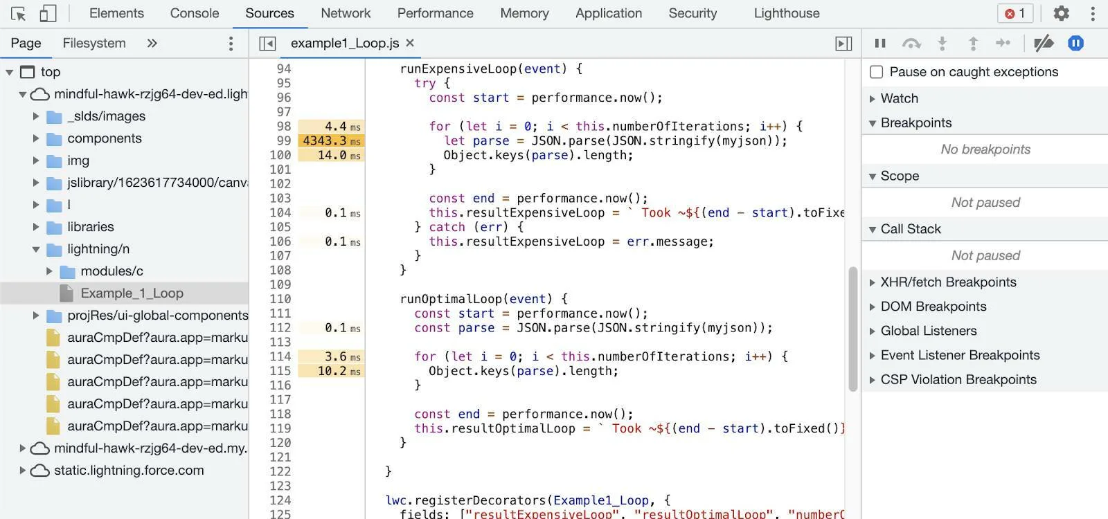 Sources panel showing file example1_Loop.js with lines highlighted with run times.