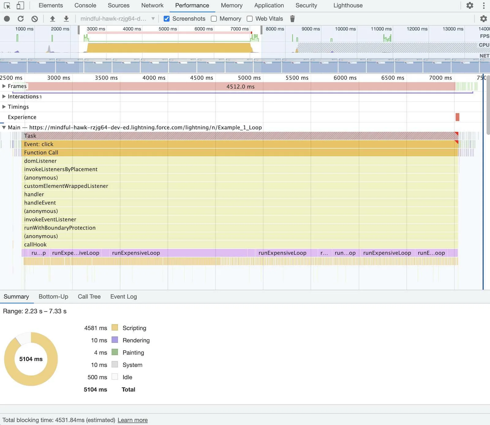 DevTools Performance panel with profile recording displayed.