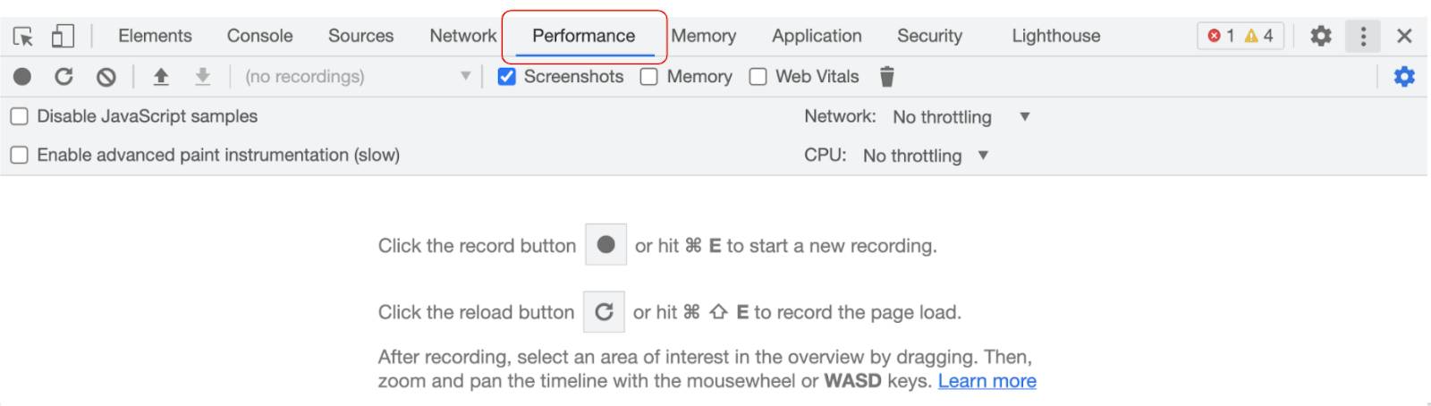 DevTools opened with the Performance tab selected.