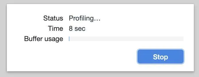 Status window recording a profile with a Stop button.