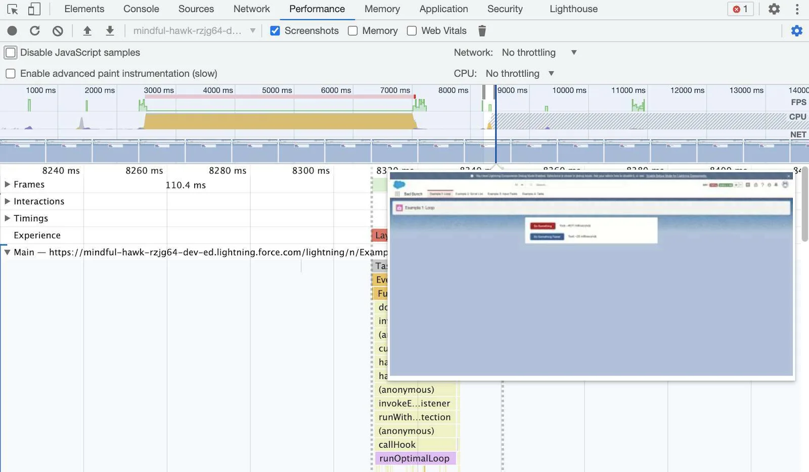 Performance panel displaying selecting a section of the recording.