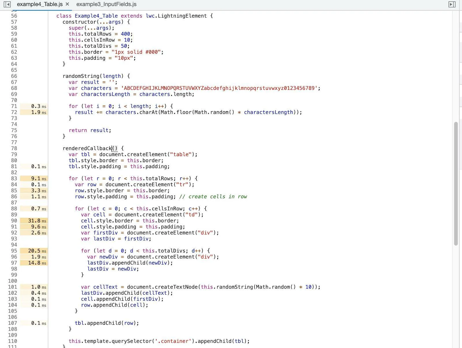 Painel Sources (Origens) exibindo exampe4_Table.js com o método renderedCallback.