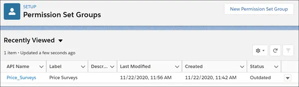 The Permission Set Groups list view displaying the Price Surveys permission set. The Status column shows that the status is Outdated.