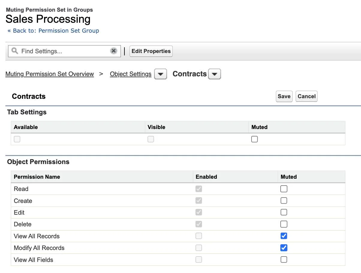 Screenshot depicting the muting permission set’s page for Contracts object settings. The View All Records and Modify All Records object permissions are muted using the checkboxes.