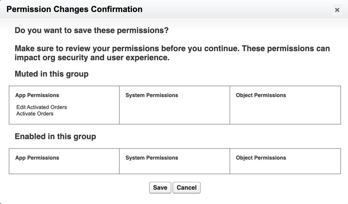 El mensaje Permission Changes Confirmation (Confirmación de cambios de permisos) muestra que se silenciarán Edit Activated Orders (Modificar pedidos activados) y Activate Orders (Activar pedidos).