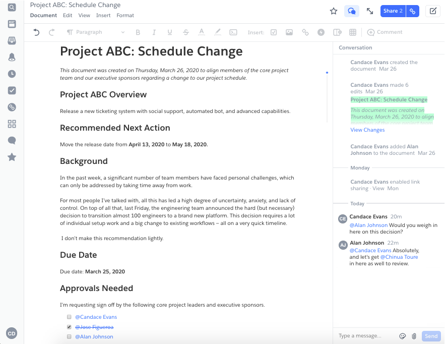 Project plan document in Quip, showing project overview, proposed next step, the due date, and the approvals needed