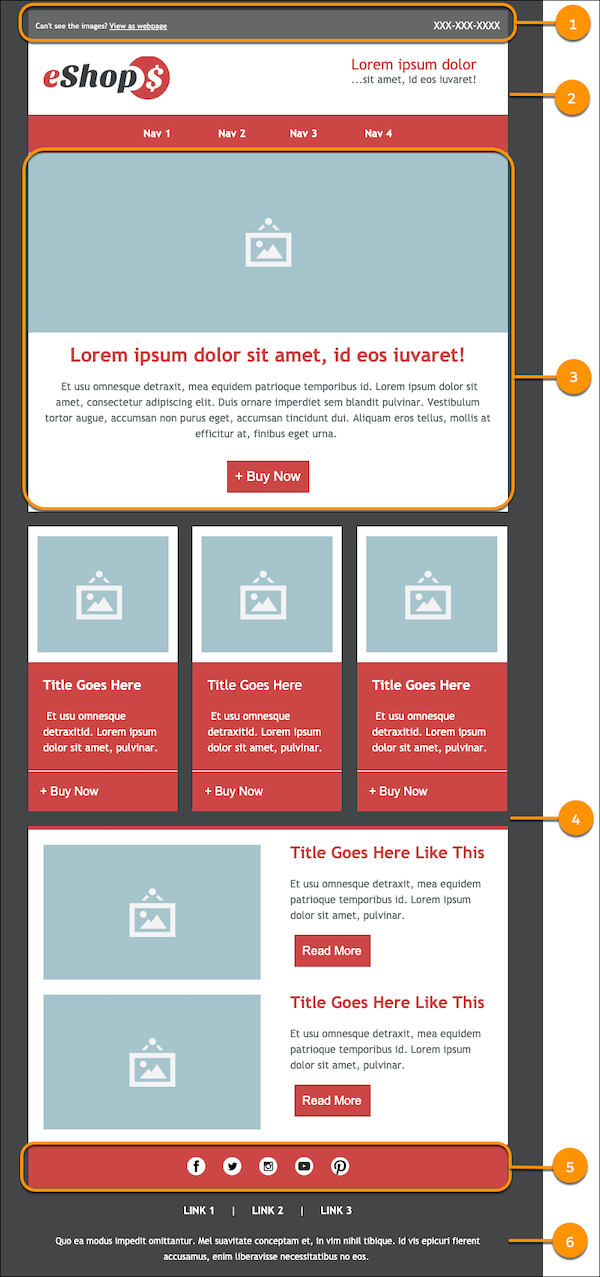 Components of email with callouts for 6 areas of an email.