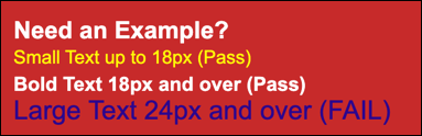 小さいテキスト、太字のテキスト、大きいテキストに基づく色のコントラストの例。
