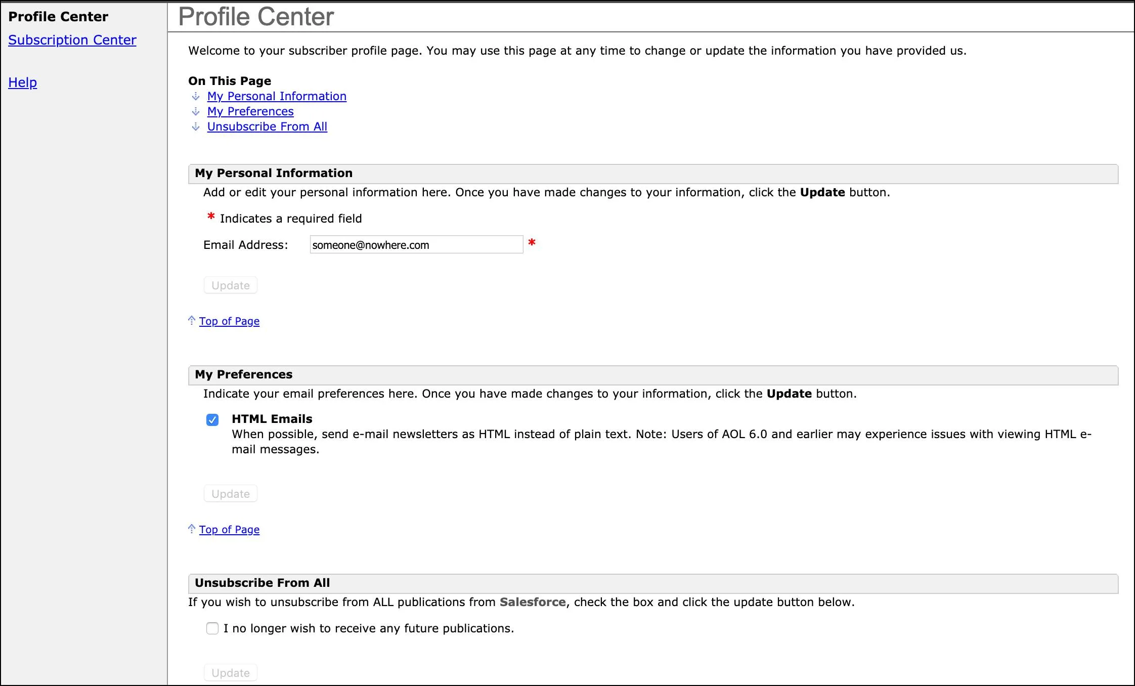 Profile center preview showing options for personal information, preferences, and unsubscribe.