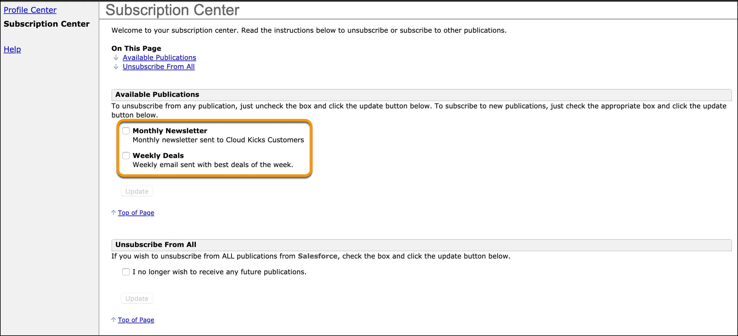 Subscription Center example with callouts for specific publication lists.