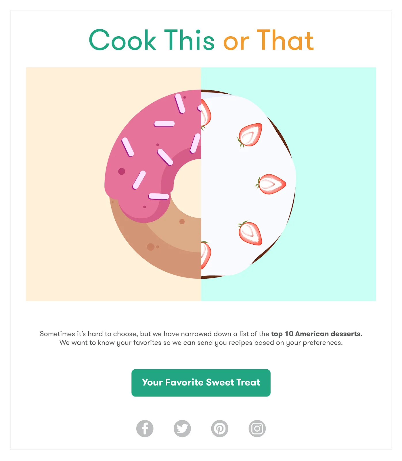 Example email with survey to select dessert preference of donut or cake with a CTA button labeled Your Favorite Sweet Treat.